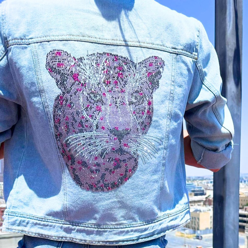 Cropped Pink Panther Jean Jacket Women's Sz S-XL Blue Beaded Long Sleeve